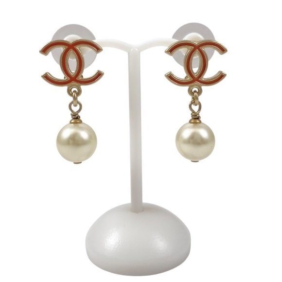 CHANEL Gold Pearl Logo Earrings